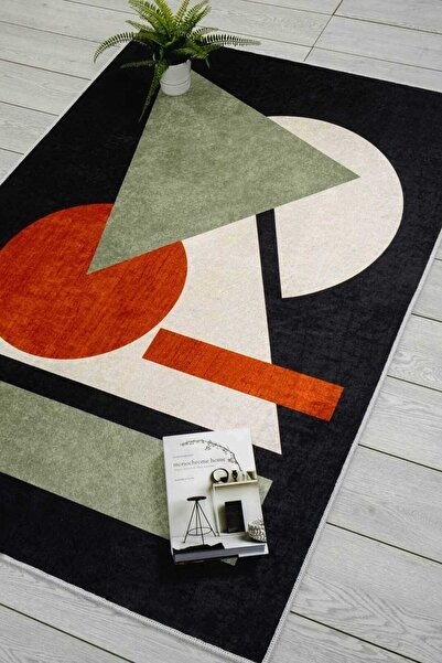 Oriente Home Modern Desenli Siyah Beyaz Yıkanabilir Kaymaz Taban Kadife Halı ...