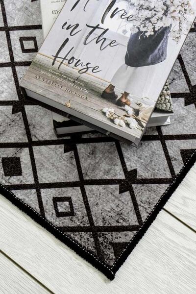 Oriente Home Scandinavian Patterned Gray Black Runner Washable Velvet Non-Slip Base Hallway Carpet 7711