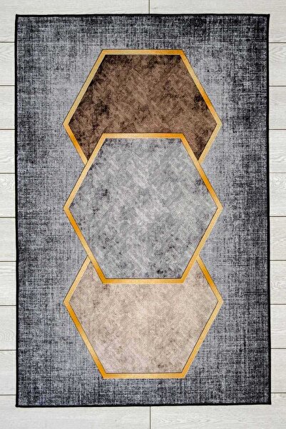 Oriente Home Modern Patterned Gray Brown Cream Washable Non-Slip Base Velvet ...