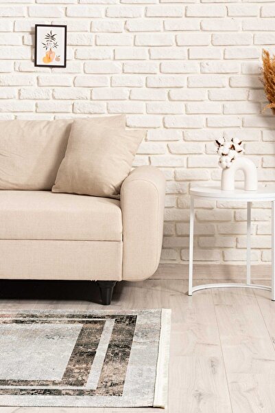 Oriente Home Bordürlü Açık Gri Kahverengi Yıkanabilir Kaymaz Taban Şönil Halı 8226