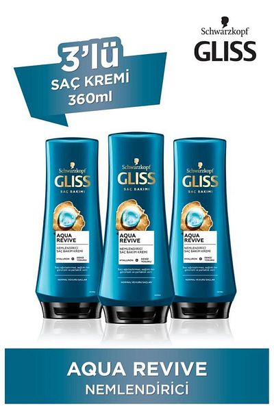 Gliss Aqua Revive - 360 ml x 3 Pieces Moisturizing Conditioner with Hyaluron and Seaweed