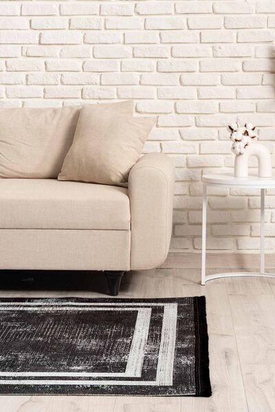 Oriente Home Bordürlü Siyah Gri Yıkanabilir Kaymaz Taban Şönil Halı 8204