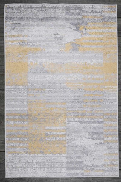 Oriente Home Bohemian Patterned Gray Yellow Velvet Carpet Washable Non-Slip Base Runner Hallway Carpet 7903