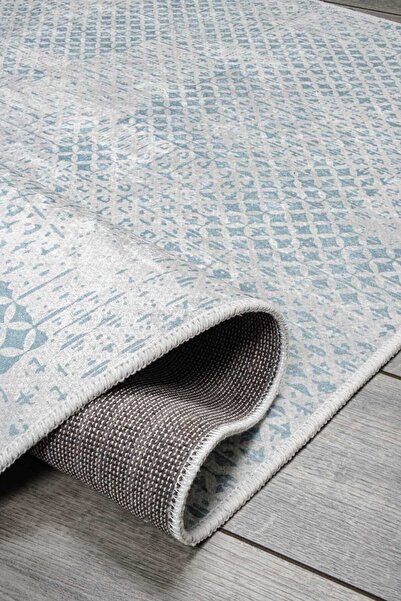 Oriente Home Bohemian Patterned Turquoise Gray Washable Non-Slip Base Velvet Runner Hallway Carpet 7568