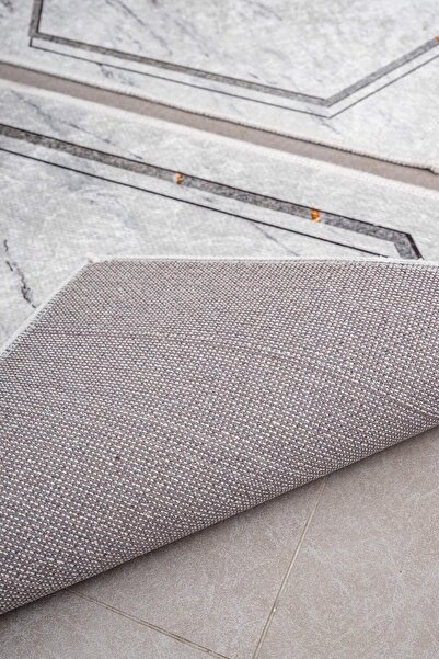 Oriente Home Geometric Patterned Gray Non-Slip Base Washable Velvet 2-Piece Bath Mat 8724