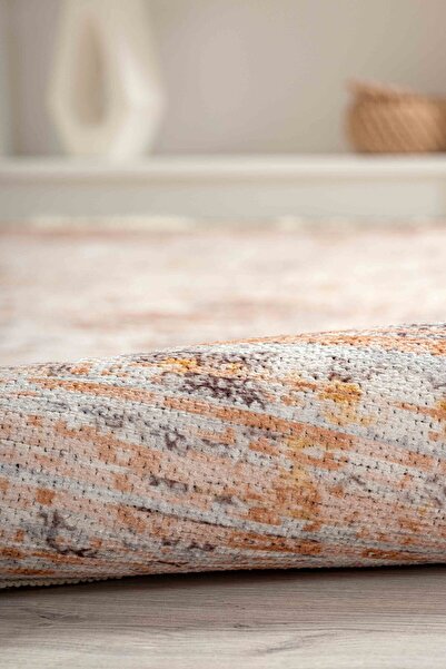 Oriente Home Soyut Desenli Açık Vizon Şönil Makina Halısı Yıkanabilir Saçaklı Kaymaz Taban Antre Halısı 8336