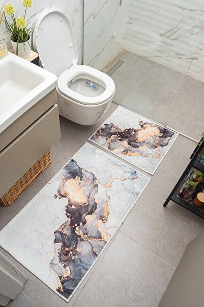 Oriente Home Μοντέρνο μοτίβο λευκό μπλε αντιολισθητικό βελούδο που πλένεται 2 τεμάχια χαλάκι μπάνιου 8717