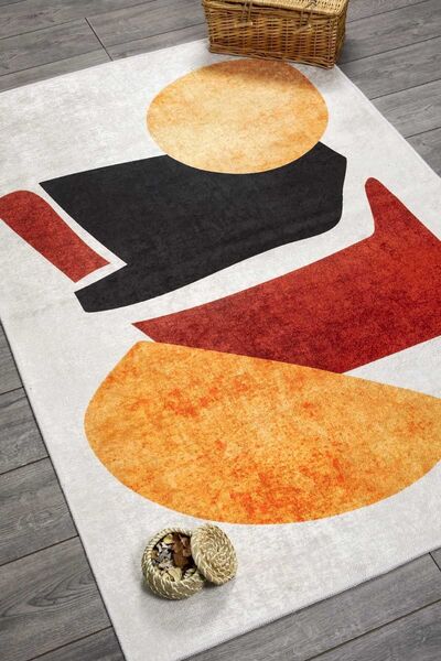 Oriente Home Modern Patterned Velvet Carpet Orange Red White Washable Non-Sli...