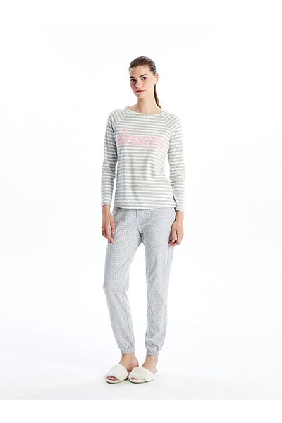 LC Waikiki Lcw Dream Gray Melange Printed Crew Neck Printed Women's Pajamas Set