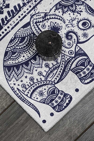 Oriente Home Elephant Patterned Blue White Velvet Carpet Washable Non-Slip Base Runner Hallway Carpet 7772