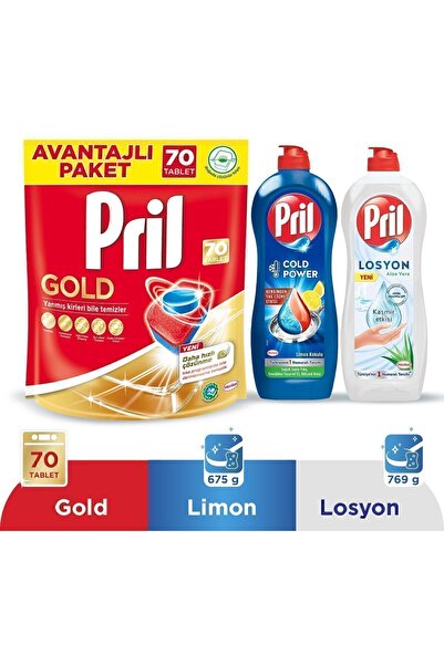 Pril Gold 70 Tablet Bulaşık Deterjanı + Elde Yıkama Limon 675g ve Losyon 769g...