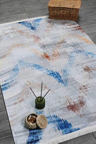 Oriente Home Modern Patterned Blue Gray Runner Washable Chenille Hallway Carpet 7151