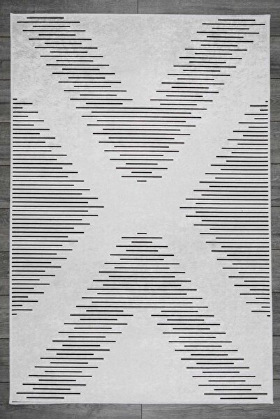 Oriente Home Çizgi Desenli Beyaz Siyah Kadife Halı Yıkanabilir Kaymaz Taban S...