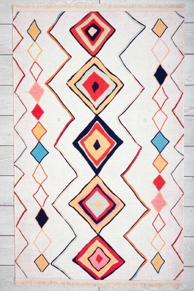 Oriente Home Scandinavian Patterned Light Cream Chenille Machine Carpet Runner Washable Hallway Carpet 7747