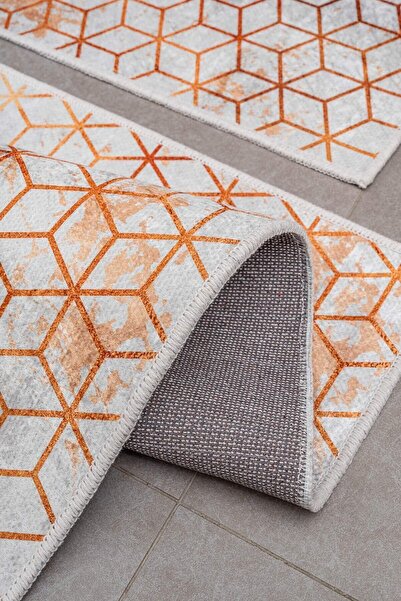 Oriente Home Honeycomb Patterned White Orange Non-Slip Base Washable Velvet 2-Piece Bath Mat 8726