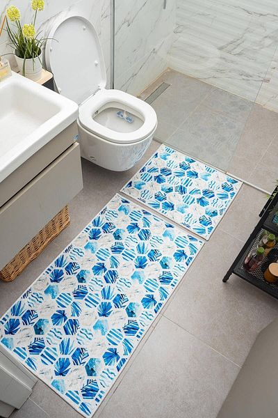 Oriente Home Honeycomb Patterned White Blue Non-Slip Base Washable Velvet 2-Piece Bath Mat 8730