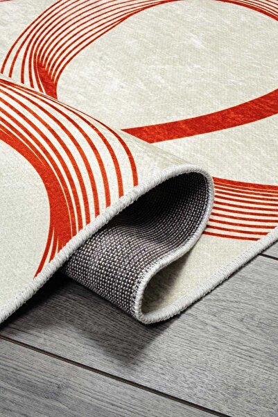 Oriente Home Modern Patterned Cream Orange Washable Non-Slip Base Velvet Runner Hallway Carpet 7038