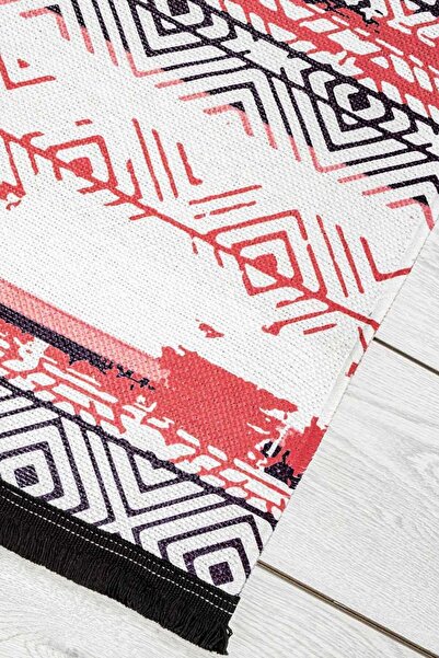 Oriente Home Iskandinav Desenli Yolluk Kırmızı Yıkanabilir Saçaklı Kaymaz Taban Şönil Koridor Halısı 7593