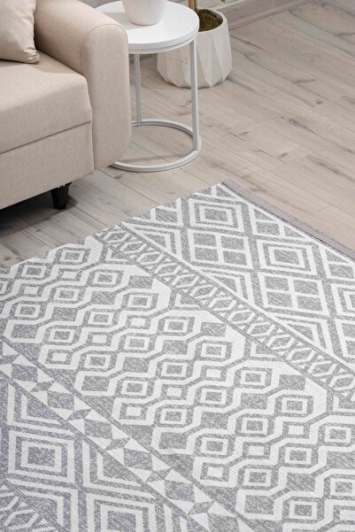 Oriente Home İskandinav Desenli Açık Gri Beyaz Yıkanabilir Kaymaz Taban Şönil Makina Halısı 7778