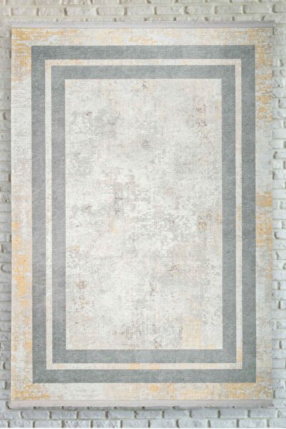 Oriente Home Bordürlü Açık Gri Koyu Gri Turuncu Yıkanabilir Kaymaz Taban Şöni...