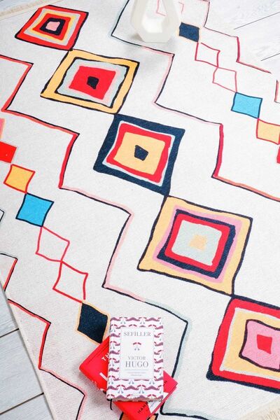 Oriente Home Scandinavian Patterned Light Cream Chenille Machine Carpet Runner Washable Hallway Carpet 7747