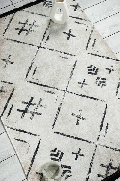 Oriente Home Scandinavian Patterned Beige Black Runner Washable Entrance Chenille Hallway Carpet 7707