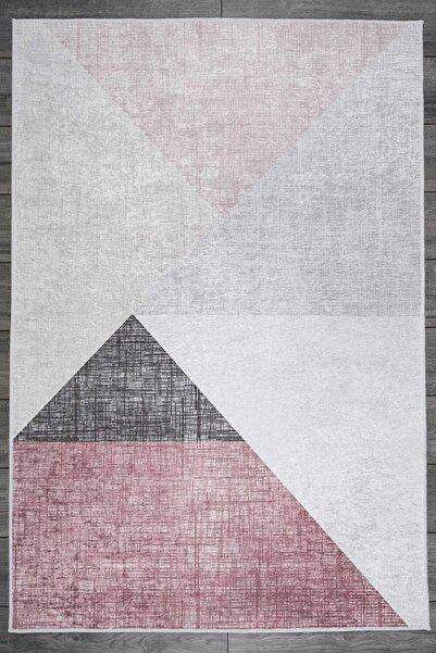 Oriente Home Geometrik Desenli Pembe Lila Kadife Halı Yıkanabilir Kaymaz Taba...
