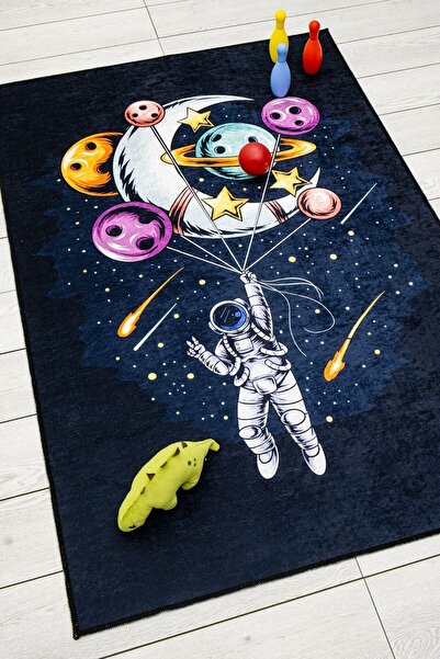 Oriente Home Uzay Desenli Siyah Çocuk Halısı Anti-bakteriyel Kaymaz Taban Kadife 8503