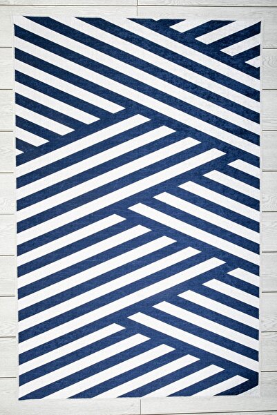 Oriente Home Çizgisel Desenli Lacivert Beyaz Çocuk Halısı Anti-bakteriyel Kay...