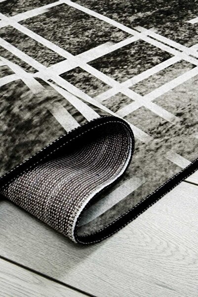 Oriente Home Bohemian Patterned Black and White Washable Non-Slip Base Velvet Runner Hallway Carpet 7521