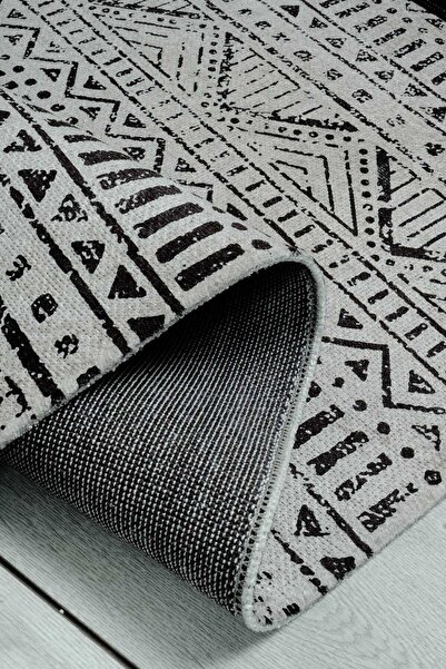 Oriente Home Scandinavian Patterned Beige Black Chenille Machine Carpet Runner Washable Hallway Carpet 7758