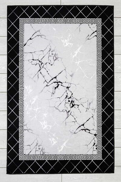 Oriente Home Bordür Desenli Gri Siyah Yıkanabilir Kaymaz Taban Kadife Halı 8240