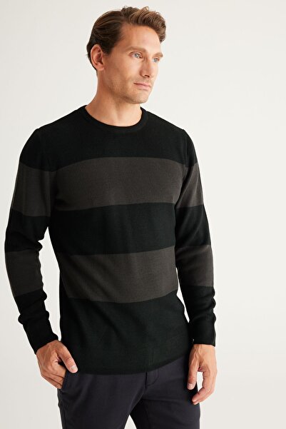 AC&Co / Altınyıldız Classics Ανδρικό πλεκτό πουλόβερ με κανονική κοπή σε μαύρο-ανθρακί με λαιμόκοψη