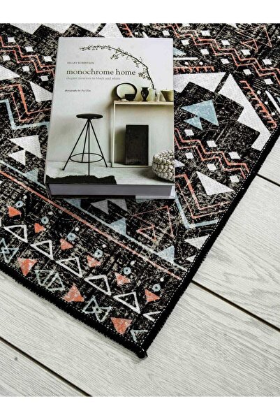 Oriente Home Scandinavian Patterned Black Washable Non-Slip Base Velvet Runner Hallway Carpet 7780