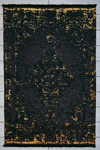 Oriente Home Modern Desenli Siyah Sarı Şönil Makina Halısı Yıkanabilir Saçakl...