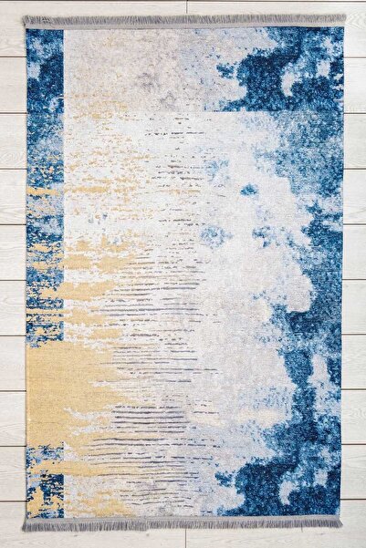 Oriente Home Abstract Mavi Yıkanabilir Makina Halısı Saçaklı Kaymaz Taban Şön...