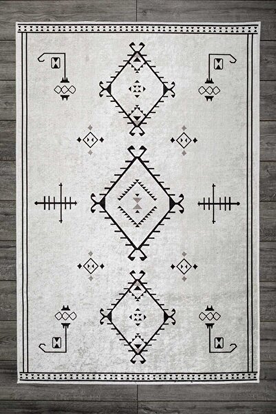 Oriente Home Iskandinav Desenli Kadife Halı Beyaz Siyah Yıkanabilir Kaymaz Ta...
