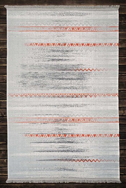 Oriente Home Iskandinav Desen Gri Turuncu Yıkanabilir Şönil Dokuma Saçaklı Ka...