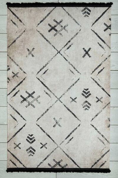 Oriente Home Scandinavian Patterned Beige Black Runner Washable Entrance Chenille Hallway Carpet 7707