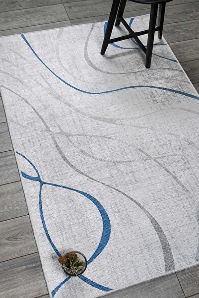 Oriente Home Modern Patterned Blue Gray Velvet Carpet Washable Non-Slip Base Hallway Carpet Runner 7028