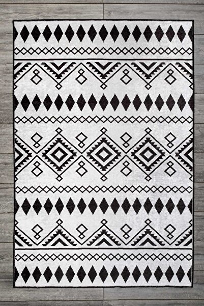 Oriente Home Iskandinav Desenli Beyaz Siyah Kadife Halı Yıkanabilir Kaymaz Ta...