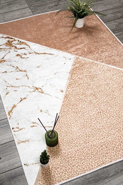 Oriente Home Modern Desenli Kahverengi Beyaz Gold Yıkanabilir Kaymaz Taban Ka...