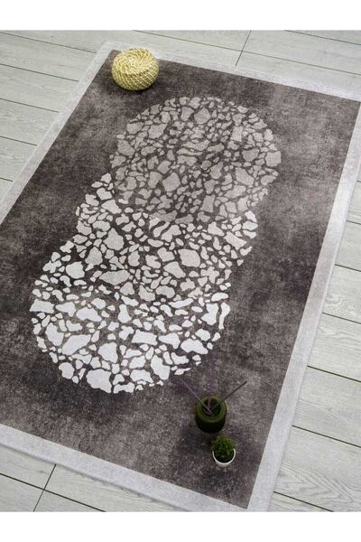 Oriente Home Modern Desenli Gri Beyaz Yıkanabilir Kaymaz Taban Kadife Halı 7133