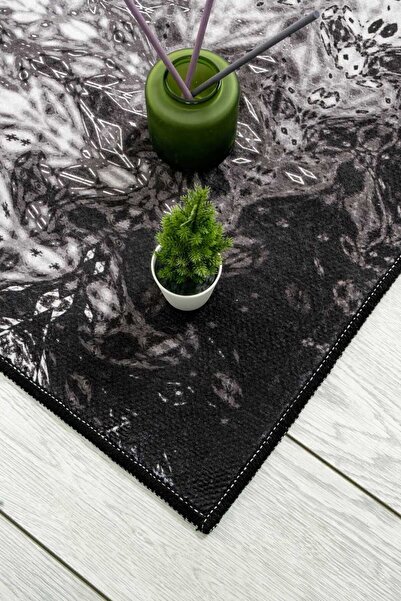 Oriente Home Linear Patterned Gray Black Washable Non-Slip Base Velvet Runner Hallway Carpet 7910