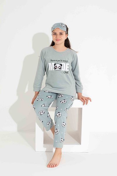 Tarık Girl, Teenager and Child Panda Patterned Long Sleeve Polar Plush Fabric Winter Warm Pajama Set