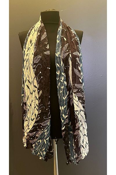 Gönülden Tasarım Eșarfă înfășurată pentru femei, 100% bumbac, colorată ALBASTRU, cu model de frunze - 165x70 cm
