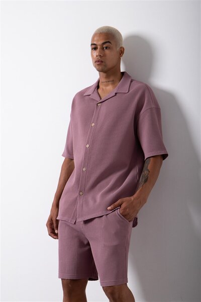 Machinist Ανδρικό κοντομάνικο υπερμεγέθη λιλά πουκάμισο