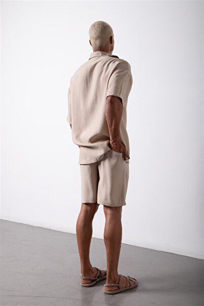 Machinist Erkerk κοντομάνικο oversized μπεζ λινό πουκάμισο