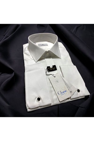 Chamis SlimFit White Satin Classic Collar Double Cuff Shirt