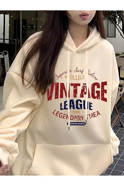 PALPİTO Beige Vintage Printed Women's Hoodie - 3 Thread Hooded Sweatshirt